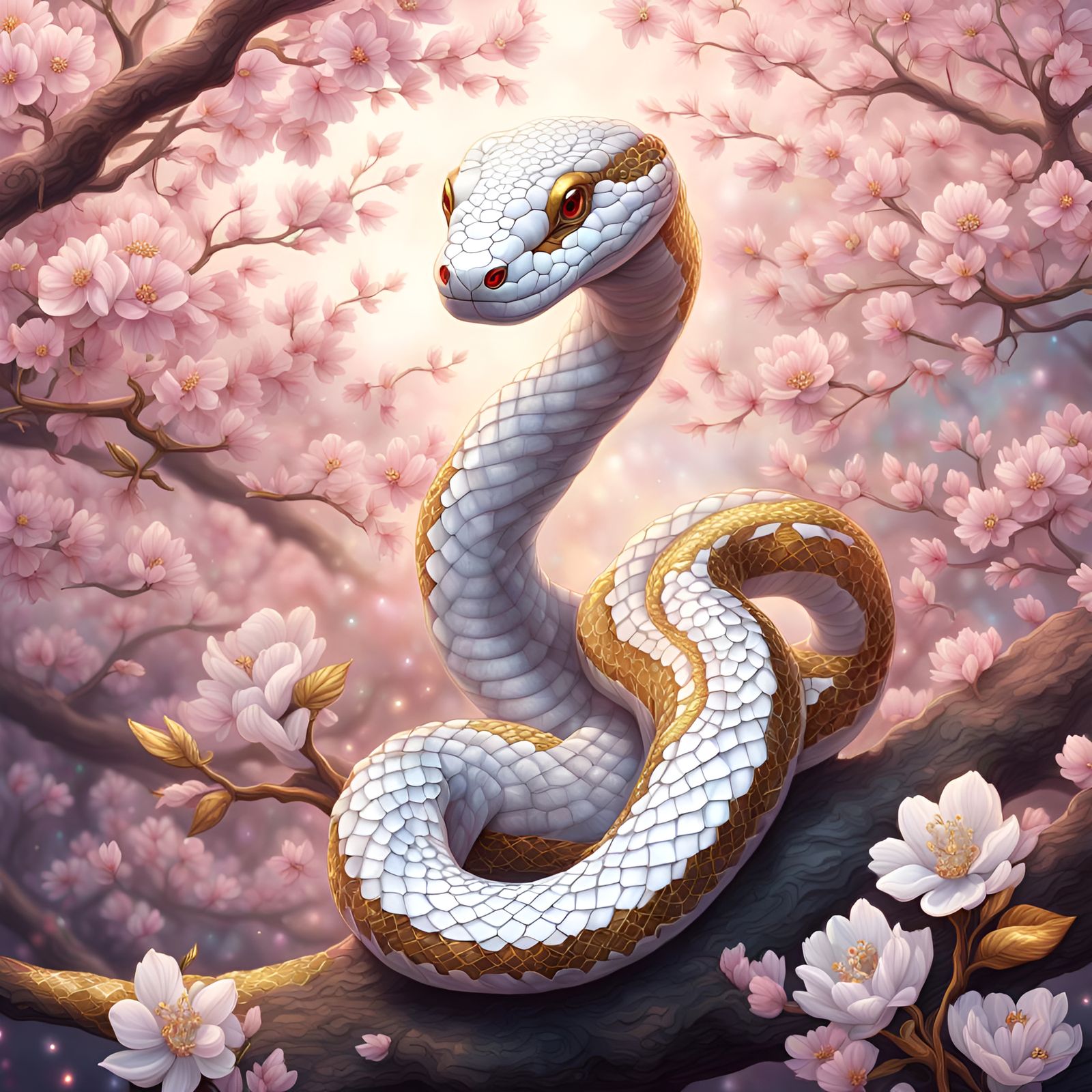 Gold and white snake on a cherry blossom tree