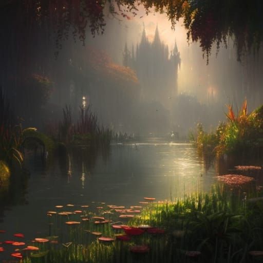 Exotic Gothic Water Garden at Sunset