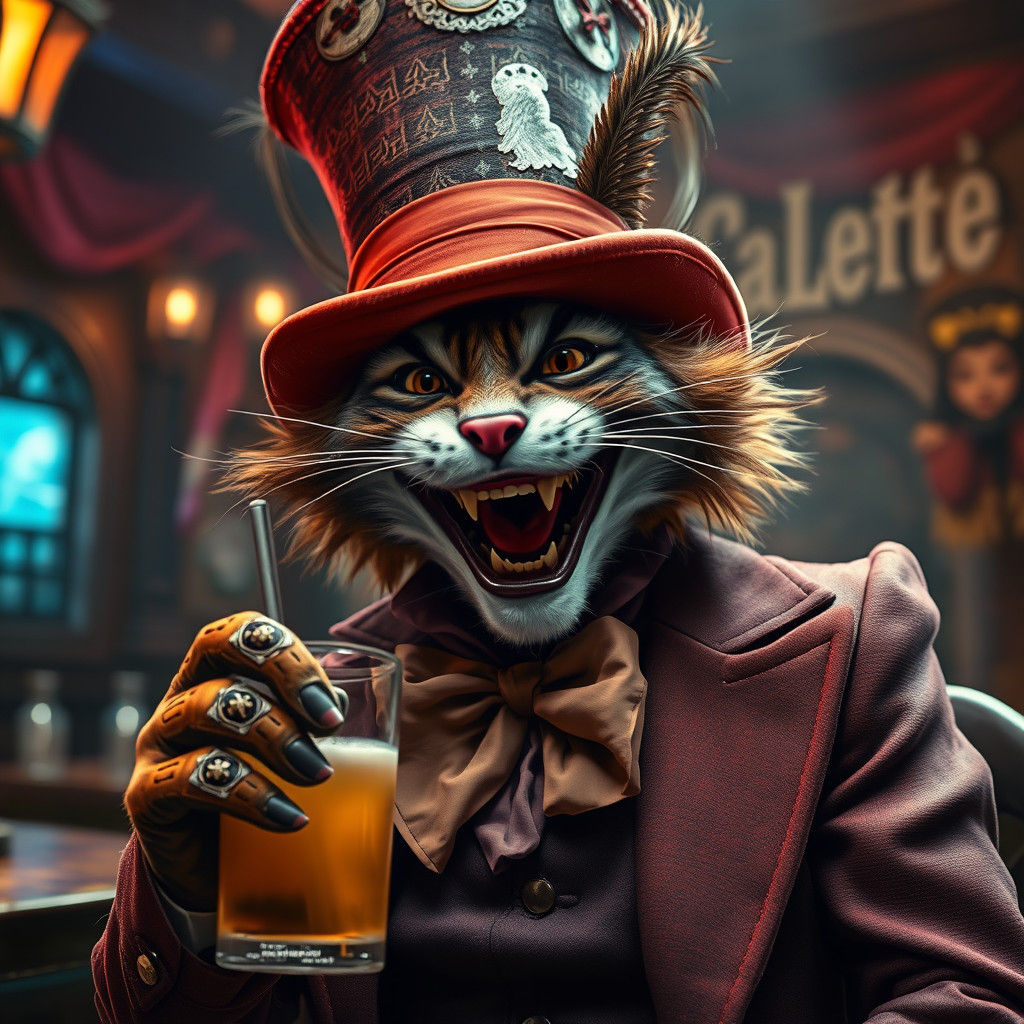 Laughing Cat in Harlequin Style Pub Scene