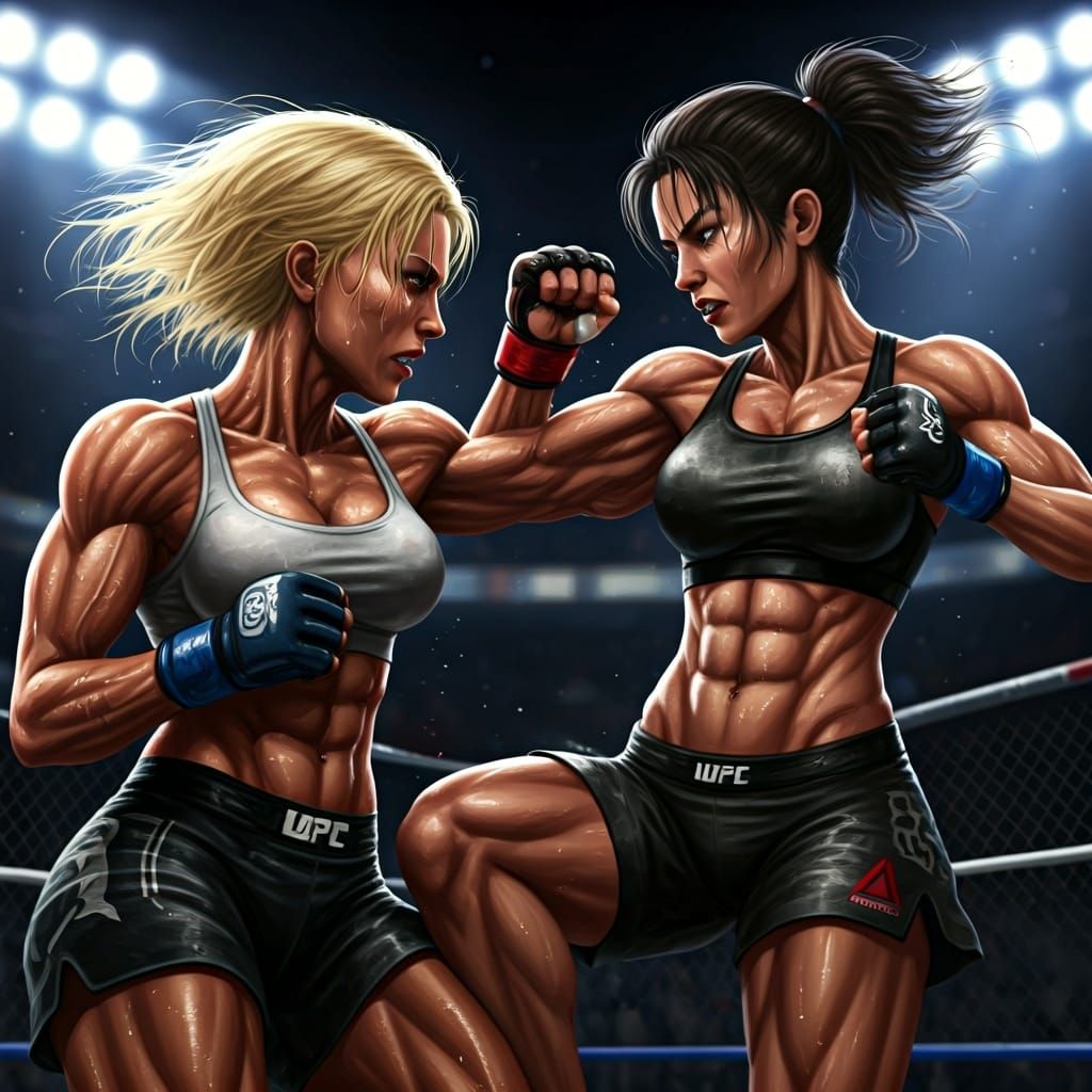 Frenzied MMA Match in a Neon Arena