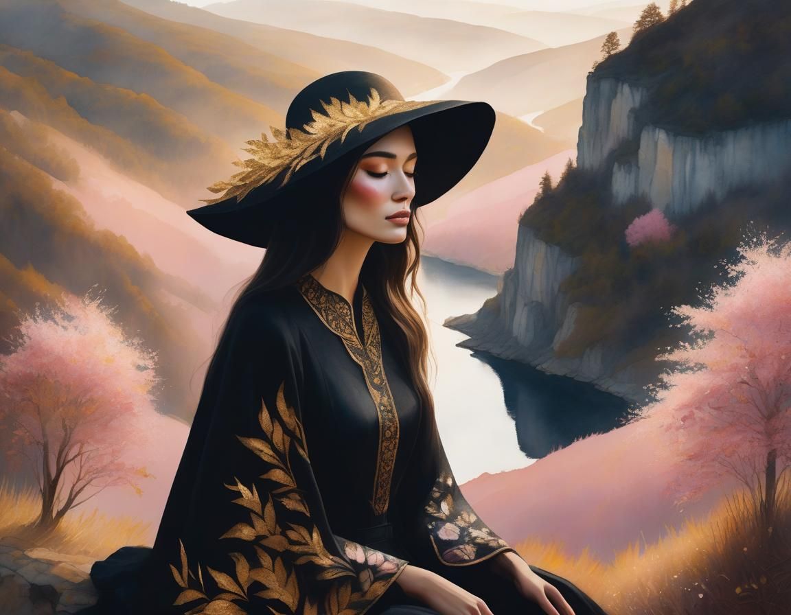 Ethereal Woman in Gold Leaves: Watercolor Painting