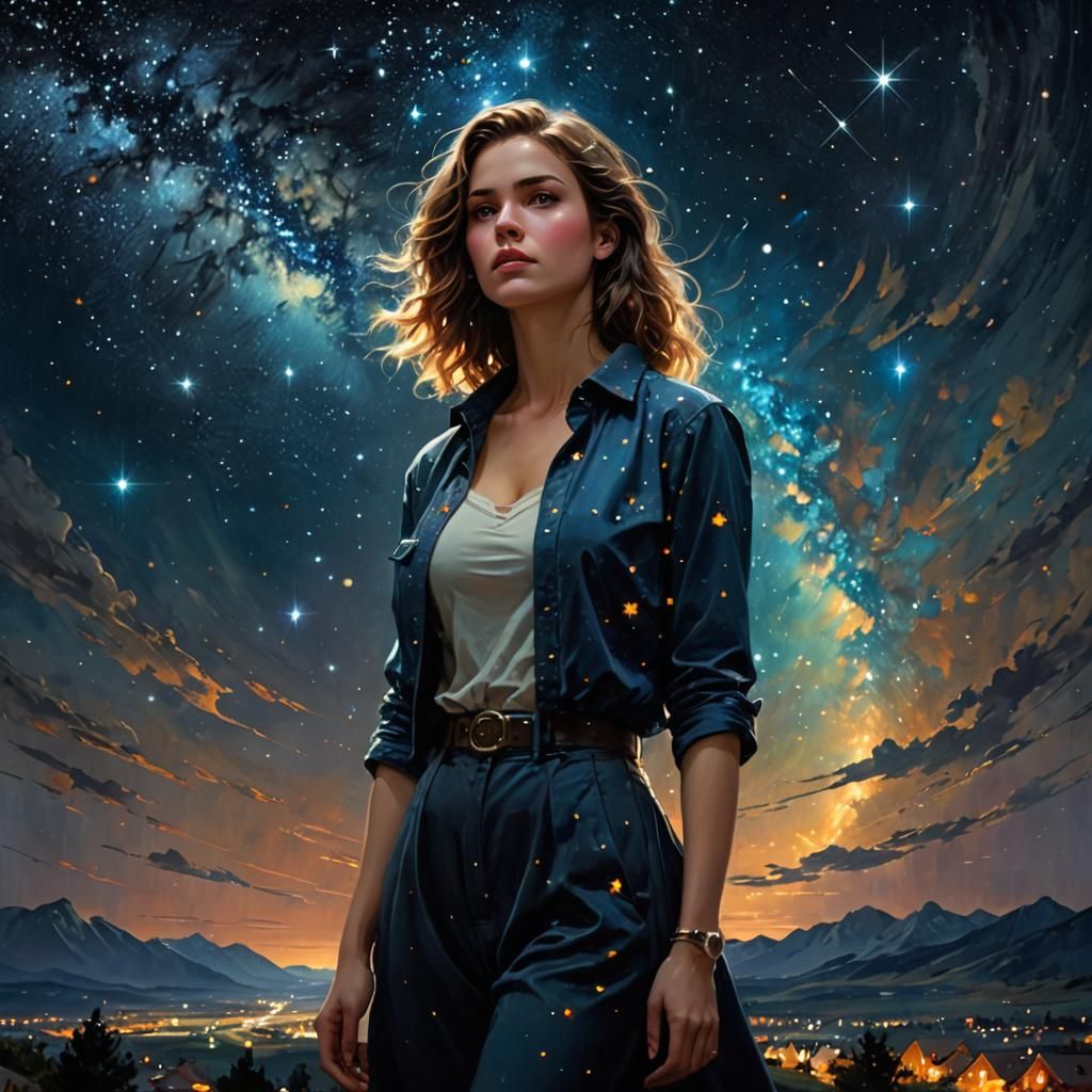 A beautiful woman standing against a starry night sky!!!!!! Stars!!! Colourful galaxy!!! Milky Way!!! Insanely detailed ...