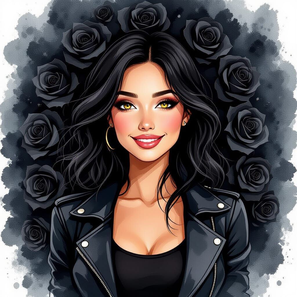 Woman Smiles in Sea of Black Roses, Alcohol Ink Splatter Sty...