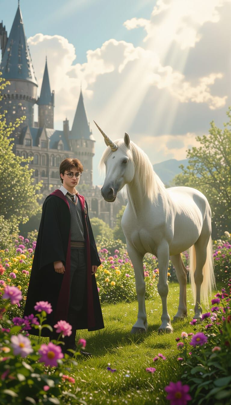 Harry Potter and Unicorn in Spring Garden