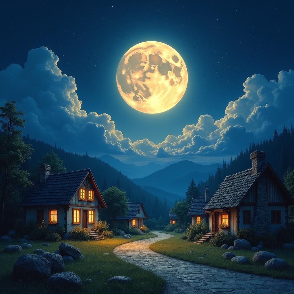 Moonlit Village: Cosmic Grandeur Meets Rustic Charm