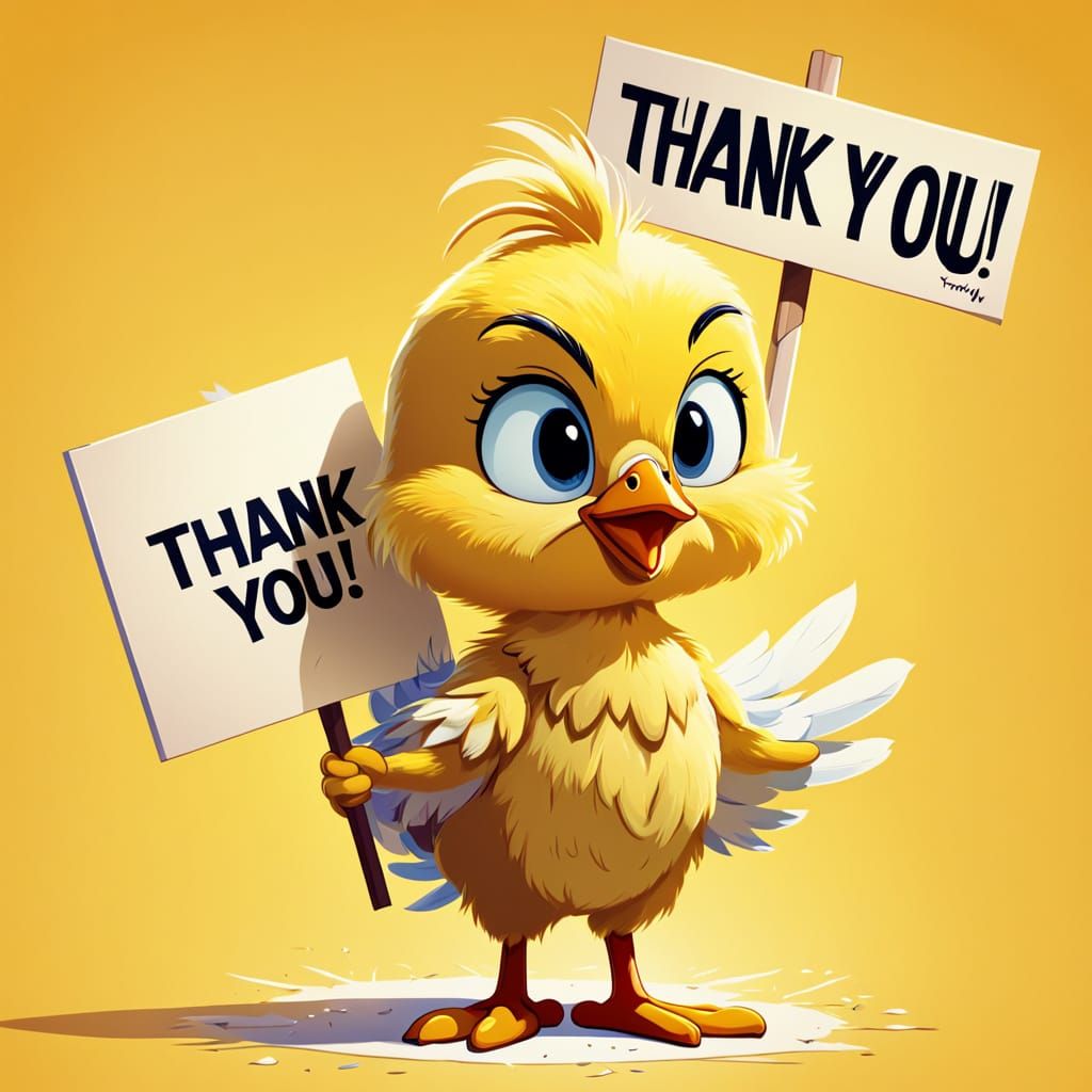 Cute Yellow Bird Holds Thank You Sign in Looney Tunes Style