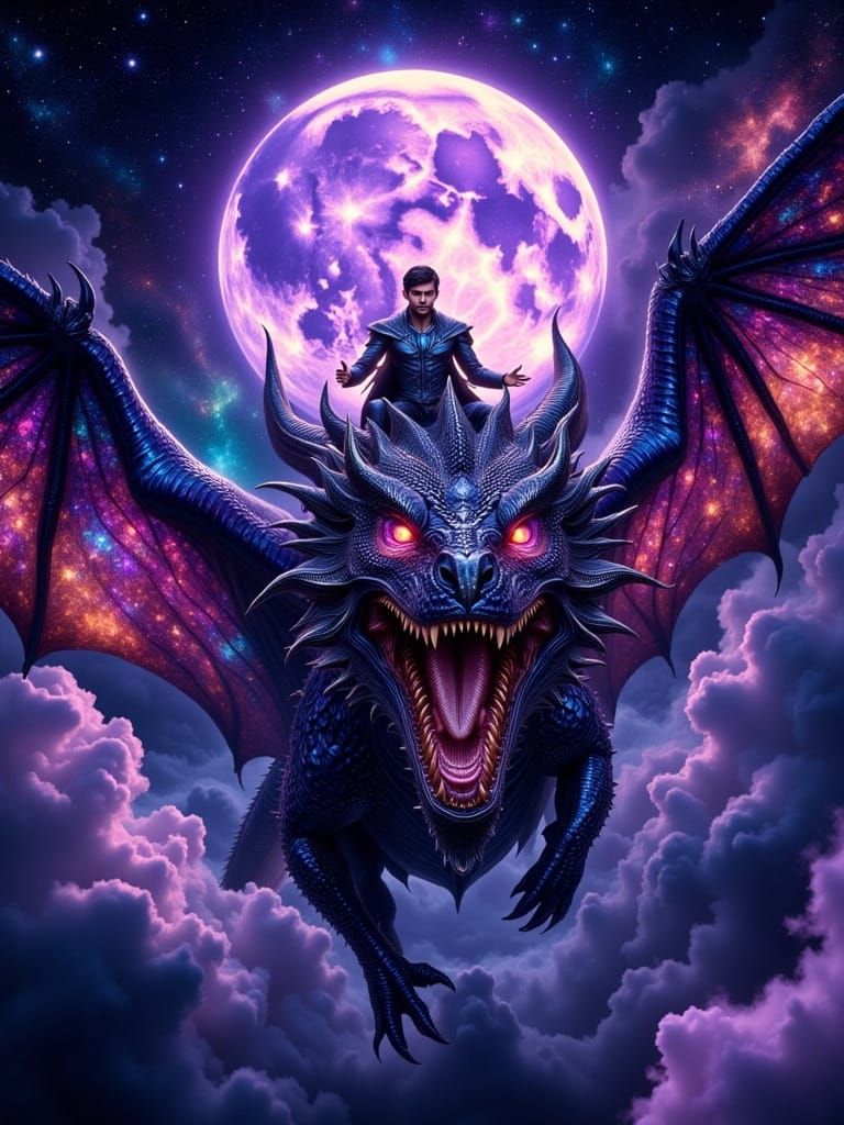 Dragon Rider Soaring Under a Mystical Moon