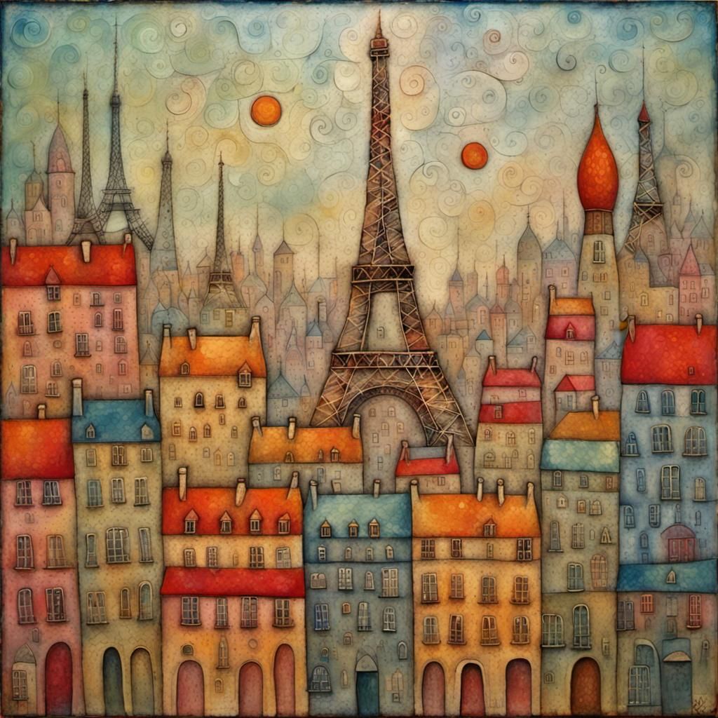 Paris Cityscape in Encaustic Abstract Style