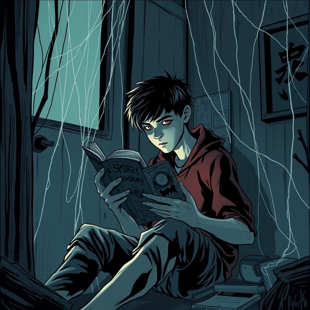 Teenager Reading Spooky Book in Junji Ito Style