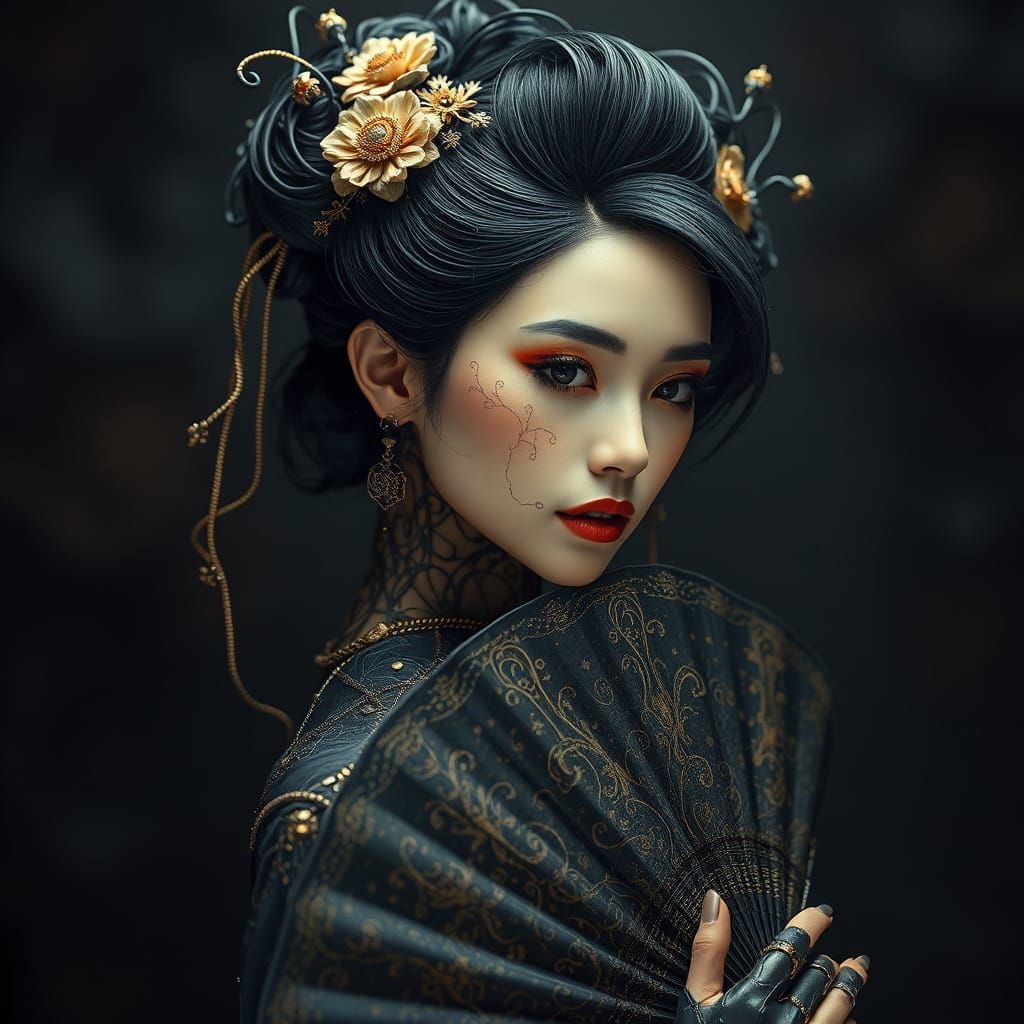 Elegant Cyborg with Floral Etchings and Ornate Fan