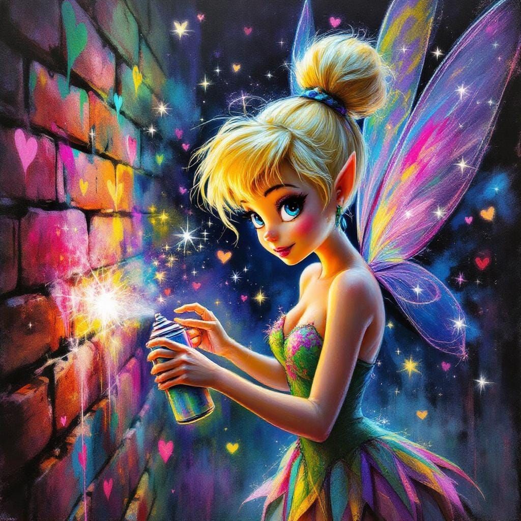 Tinkerbell Graffiti Artist Spraying Hearts and Flowers