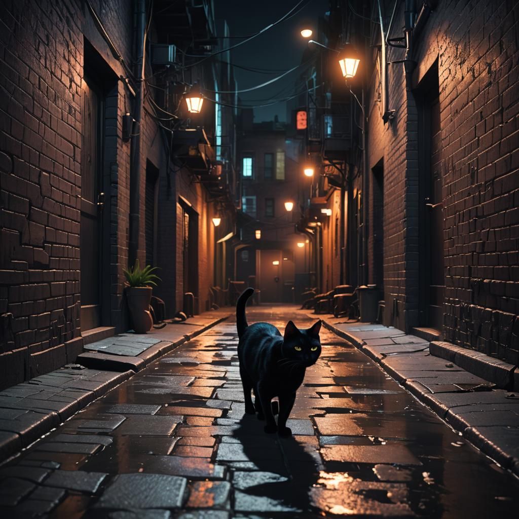 Black Cat in Dimly Lit Alleyway: Cinematic 3D Render