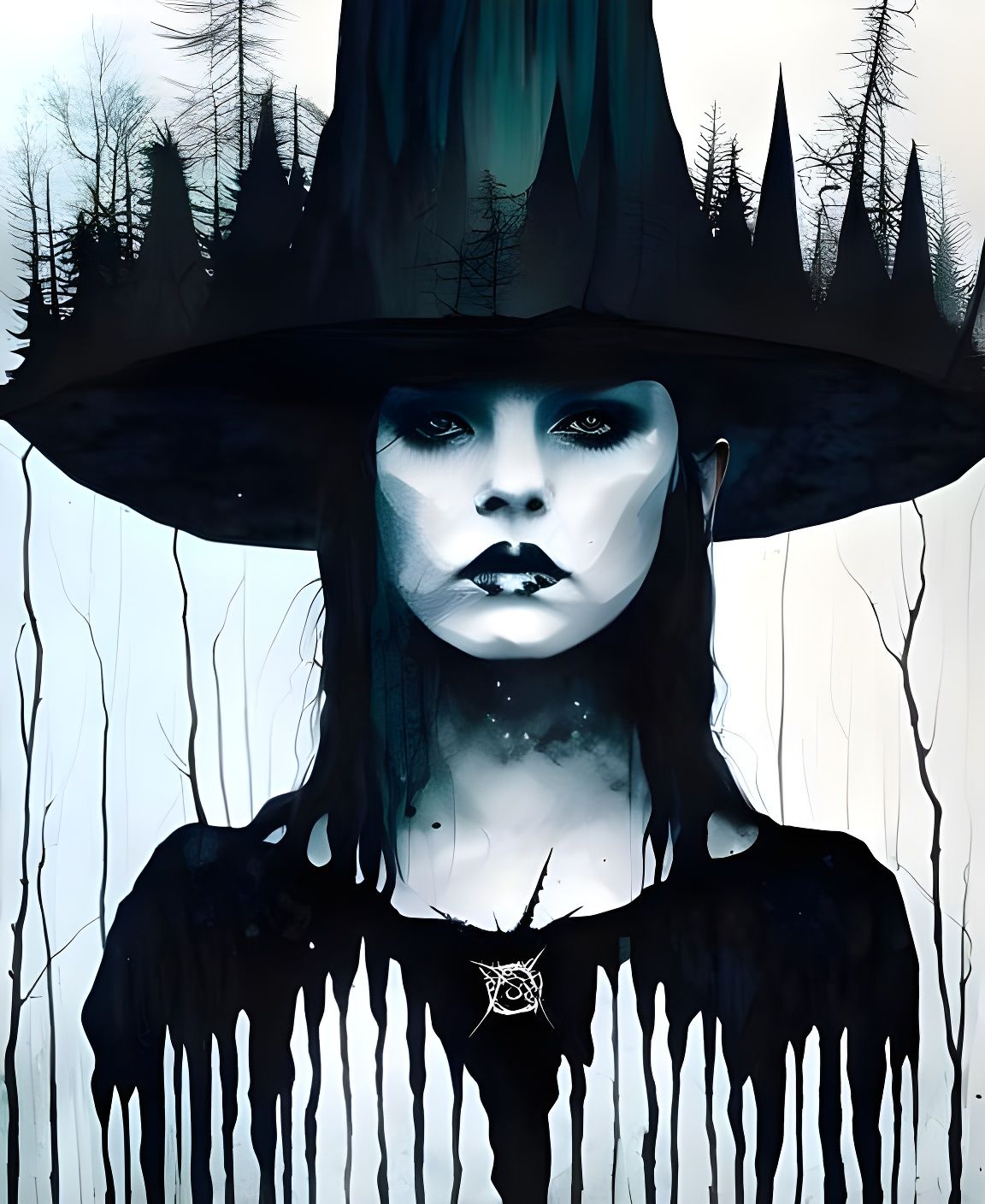 Swamp Witch Portrait with Crows in Horror Art Style