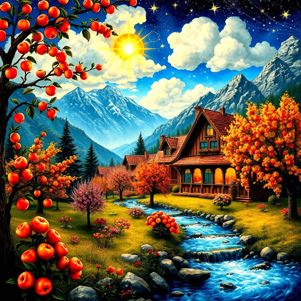 Art Nouveau Orchard Home with Flowing Stream