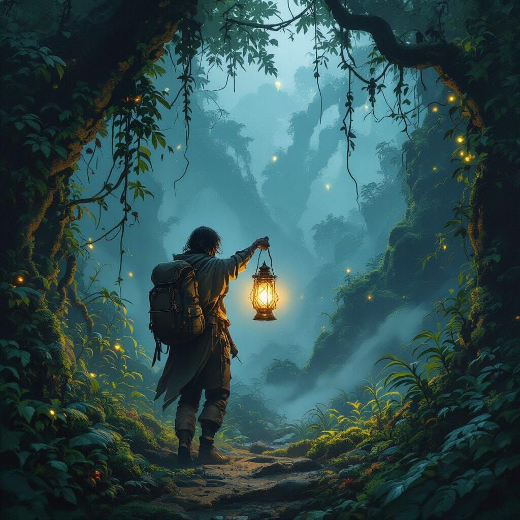 Twilight Jungle Explorer with Mystical Lantern