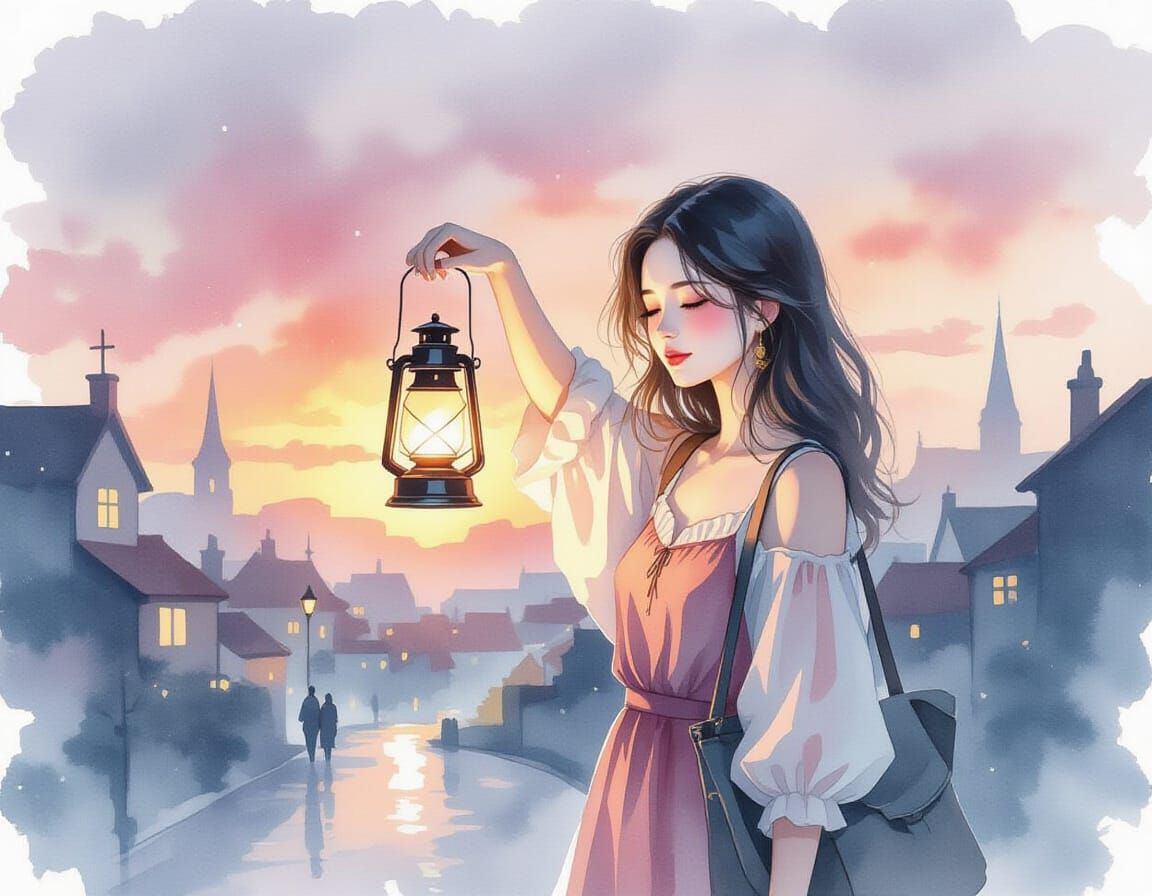 Crimson Dusk: Woman with Lantern in Sleeping Town