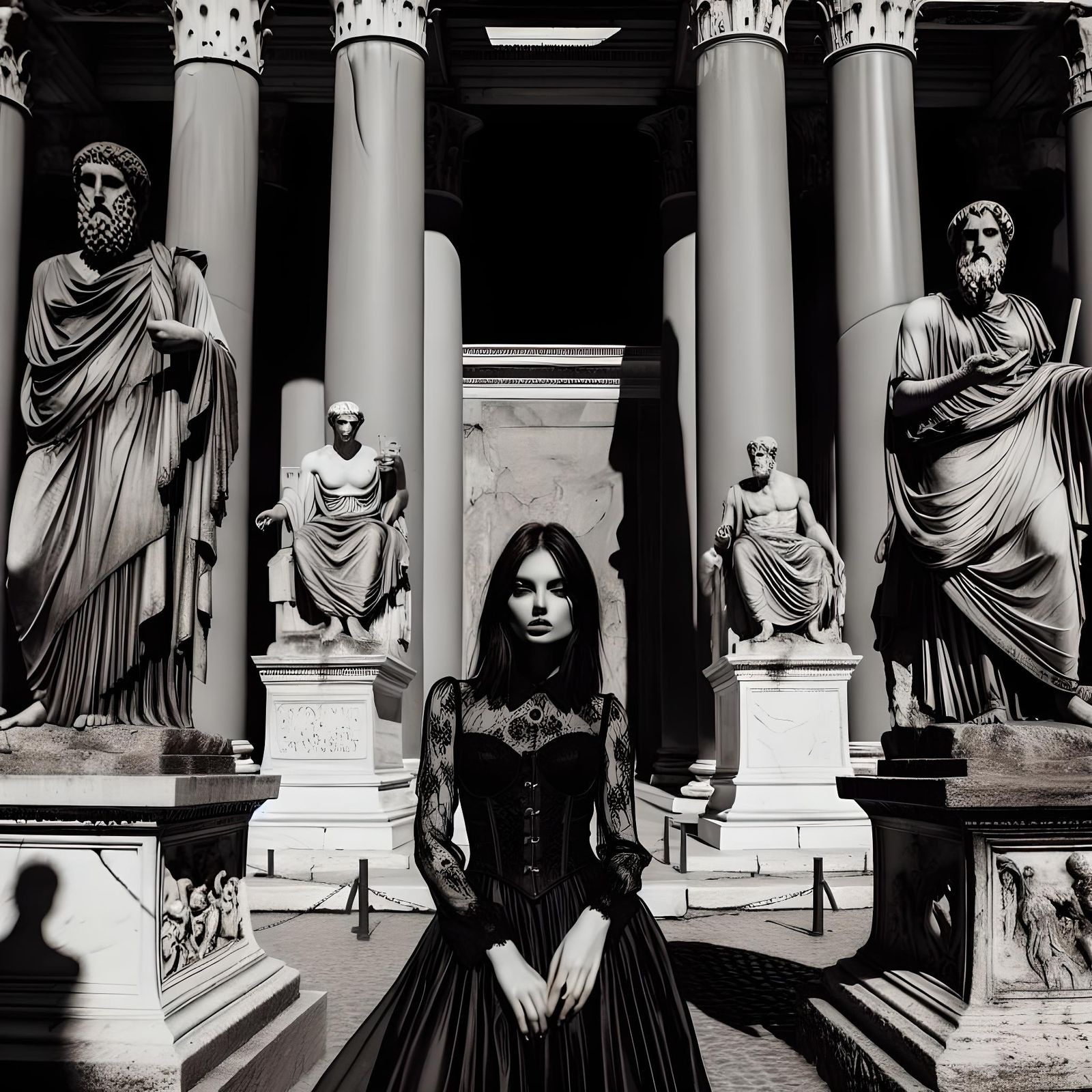 Gothic Model Among Marble Statues in Sunlight