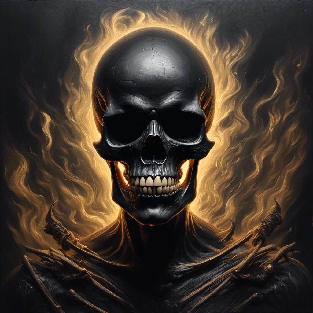 Black Skull Painting with Golden Highlights