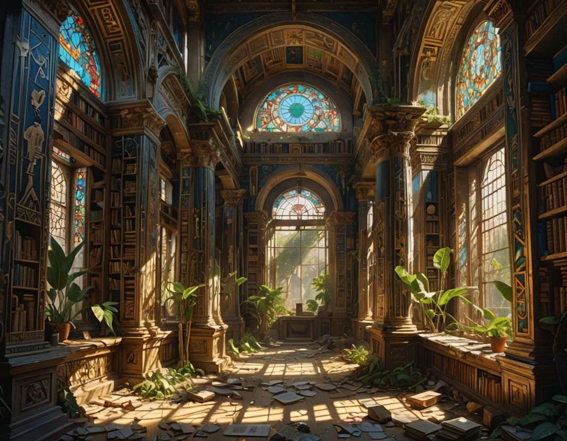 Ornate Egyptian Library Ruins in Dappled Sunlight