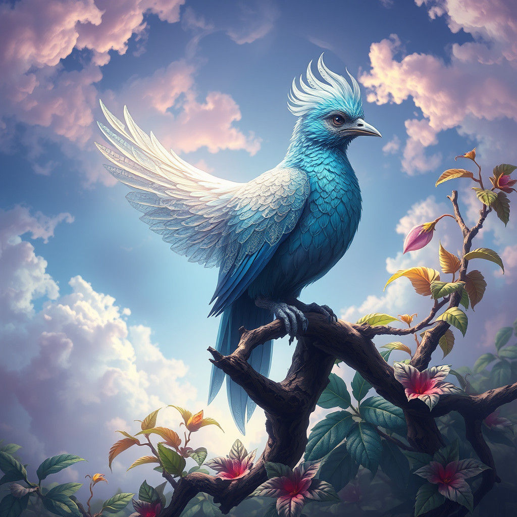 Iridescent Bird on Branch, Fantasy Concept Art