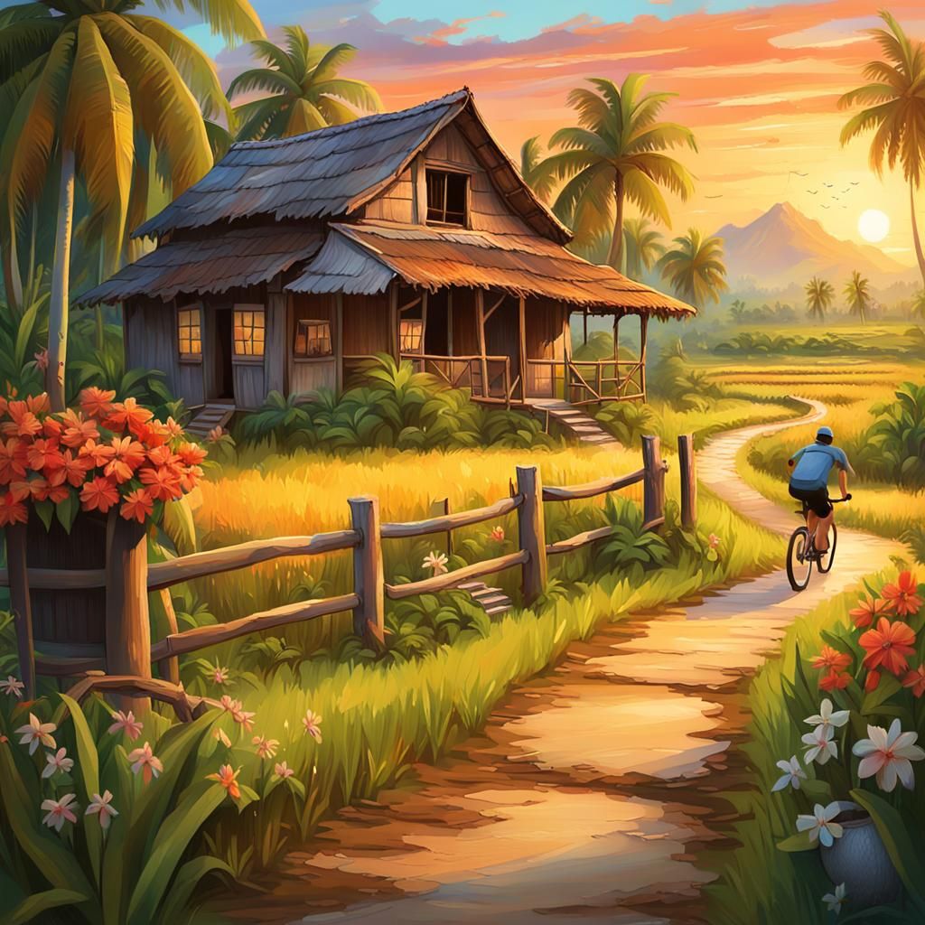 A serene and picturesque scene of a rustic, old wooden house surrounded by lush nature, with green coconut and banana tr...