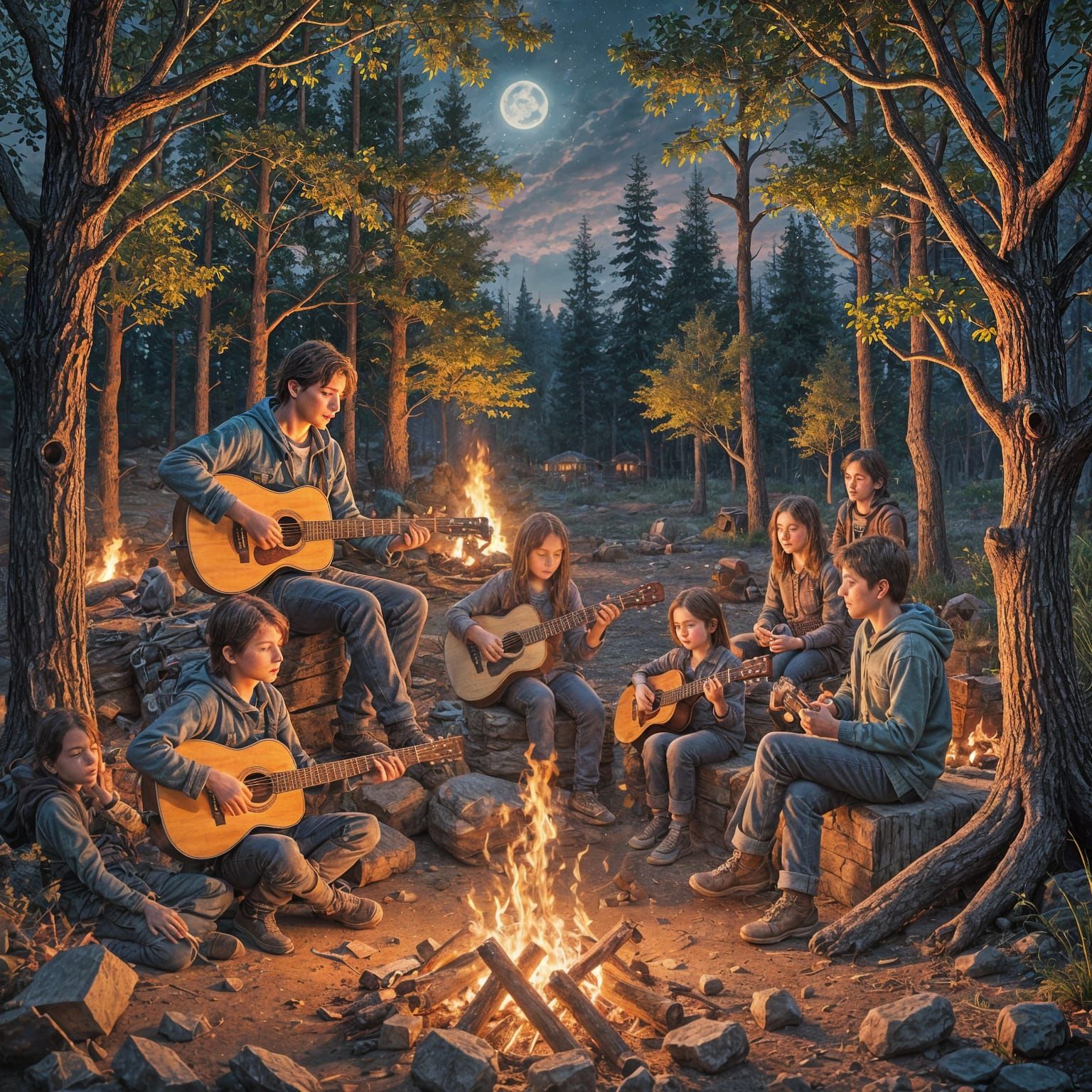 Kids Around Campfire at Night, Matte Painting