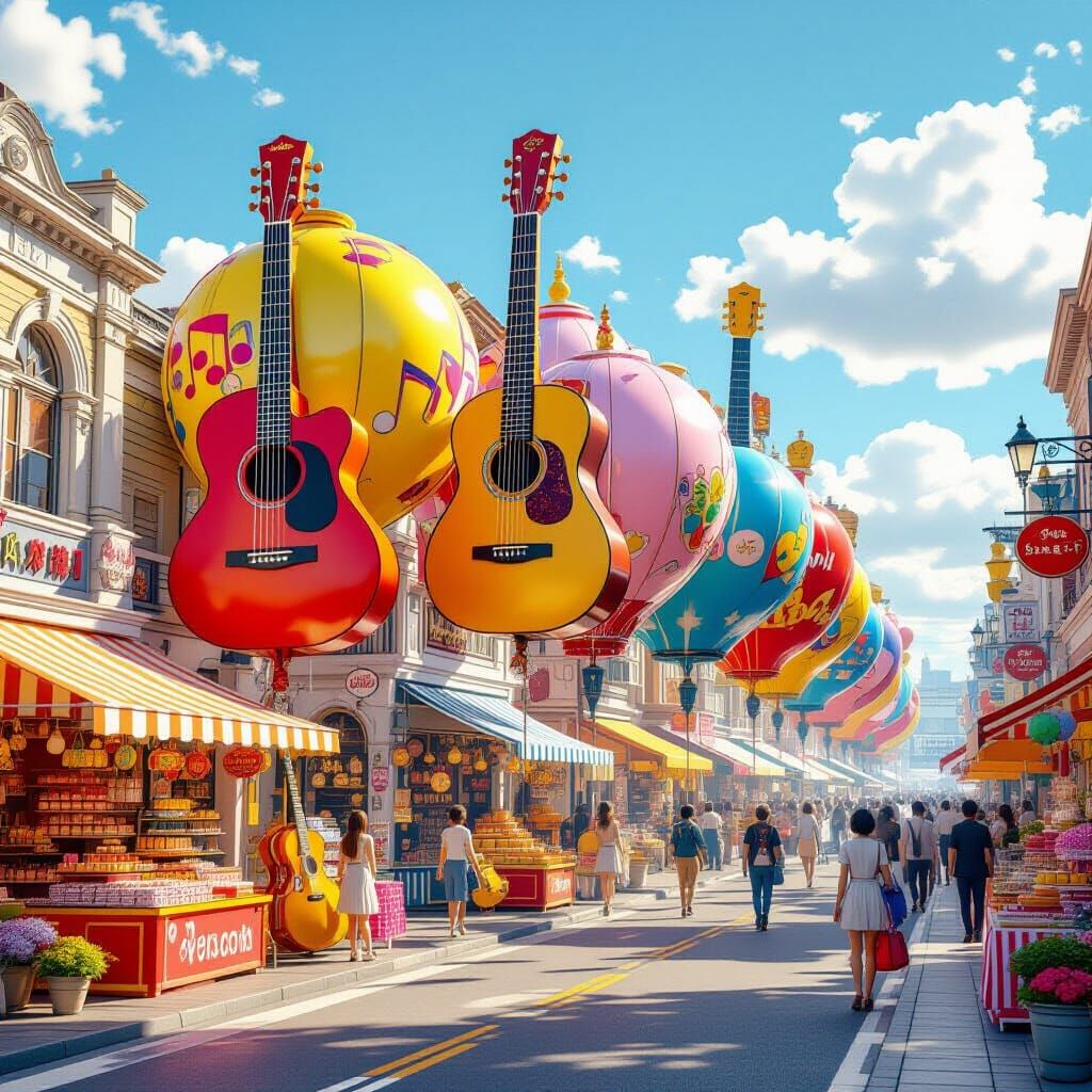 Vibrant Music Parade with Giant Instrument Balloons