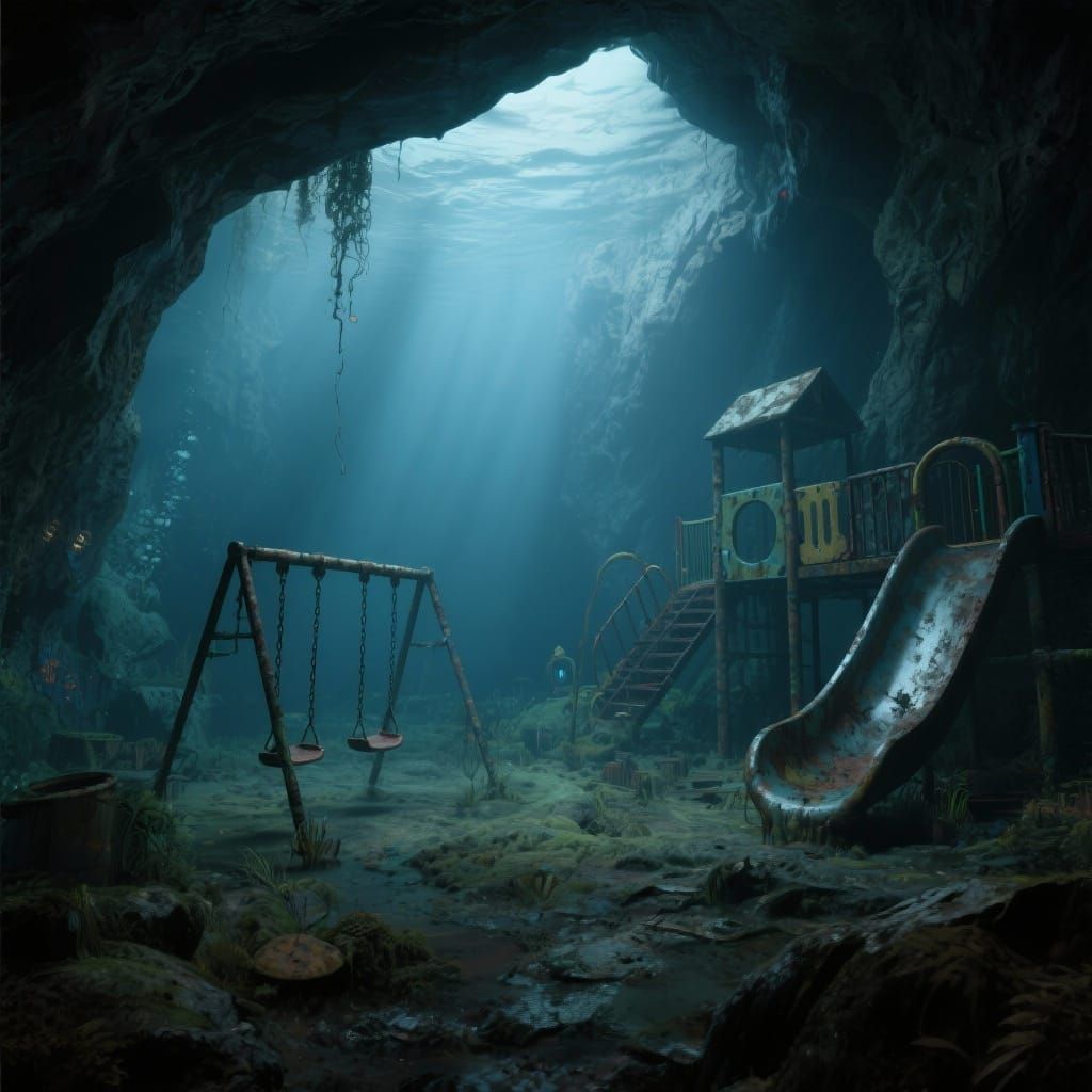 Eerie Submerged Cave with Rusty Playground in Dark Fantasy S...