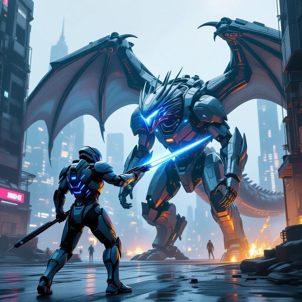Robot Warrior Versus Robot Dragon in Cyberpunk City