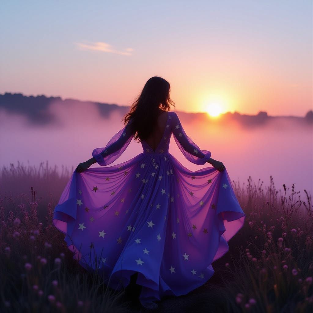 Woman Dancing in Starry Dress, Ethereal Photo