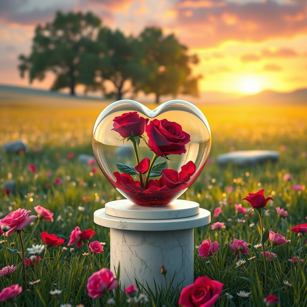 Romantic Glass Vessel with Roses in a Golden Meadow