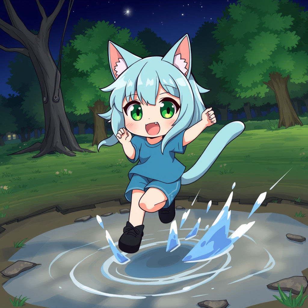 Anime Catgirl Splashing in Puddle at Night