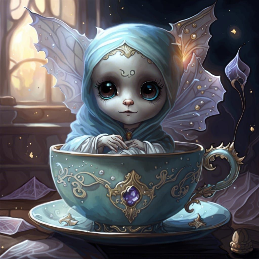 Adorable Ghost in Fairycore Teacup, Fantasy Art