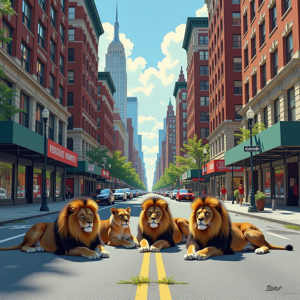 Lions in Abandoned New York Street, Digital Art