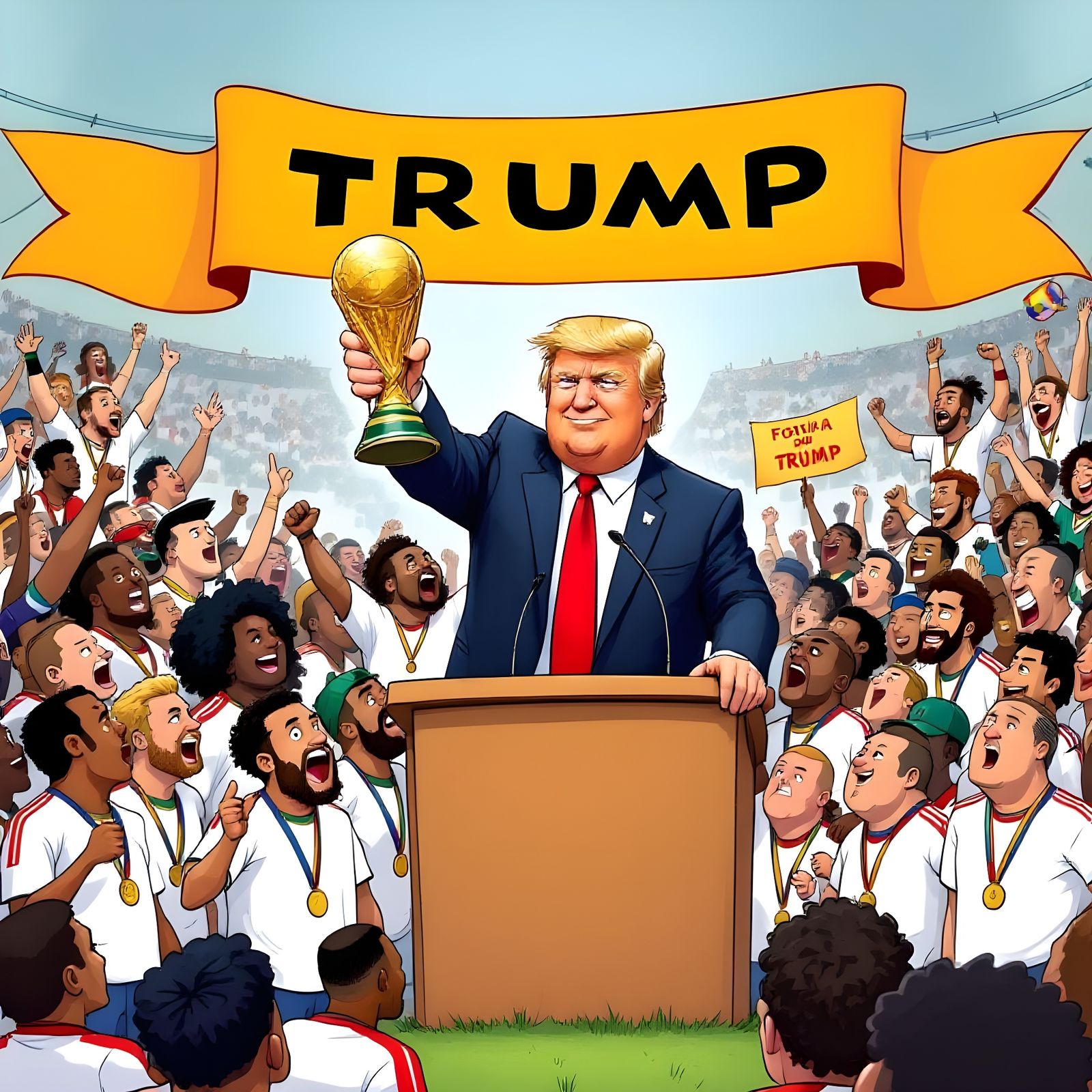 Cartoon Donald Trump Celebrates World Cup Victory