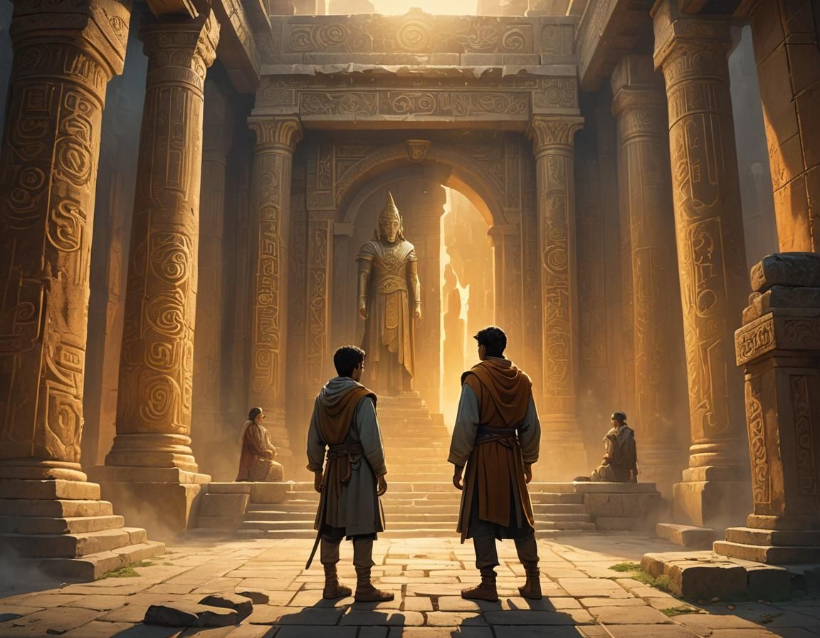 Mystical Temple Scene with Apprentice and Mentor