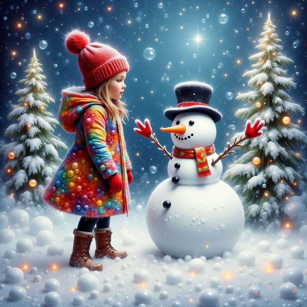 Magical Winter Scene: Girl Building Snowman as Impasto Oil P...