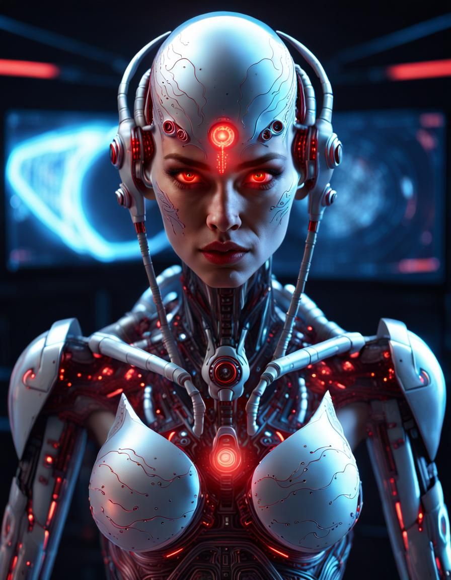 A female cyborg extraterrestrial warrior with beaming red ev...