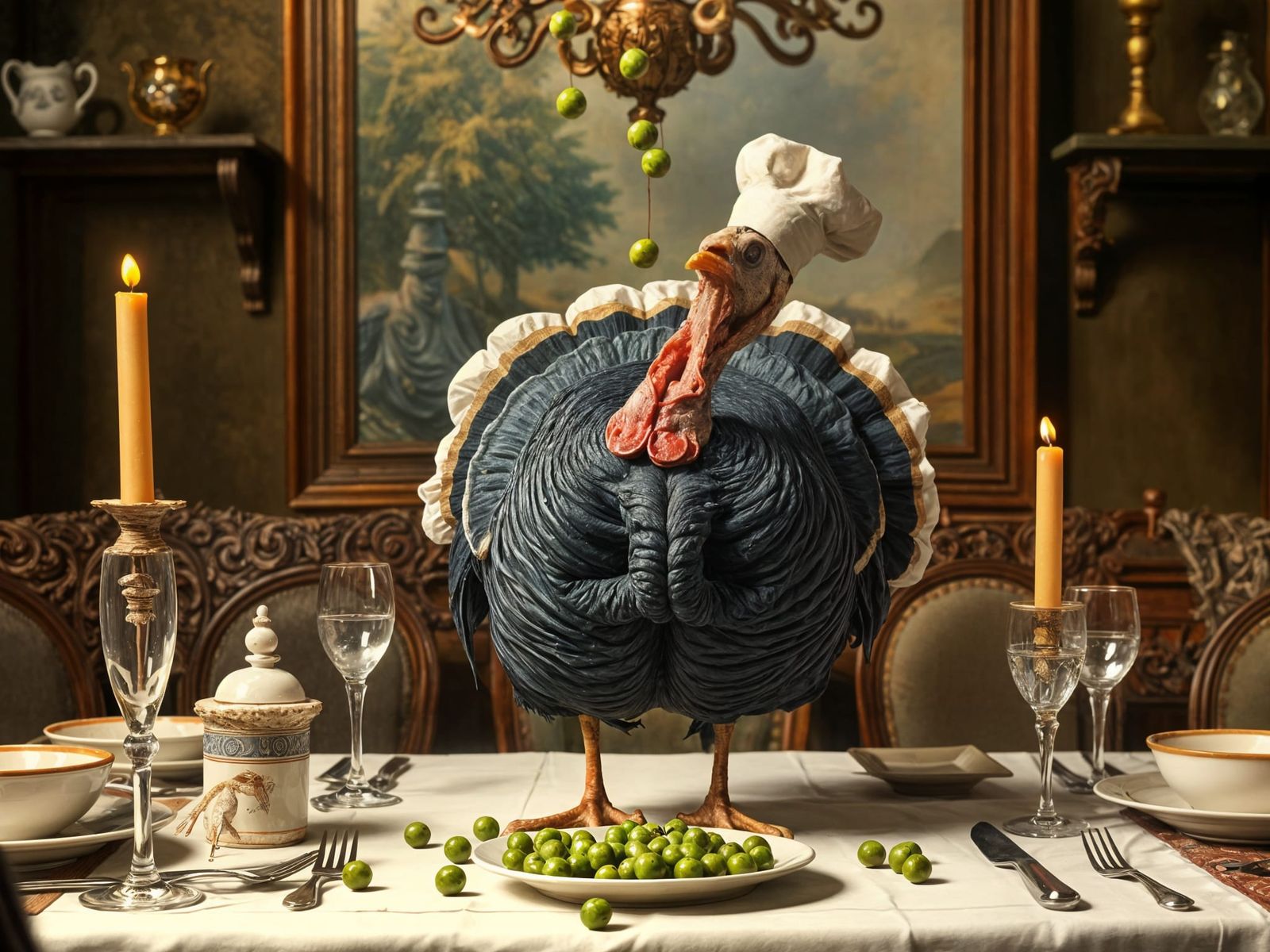 A Delightful Turkey Throws Peas in a Whimsical Dinner Scene