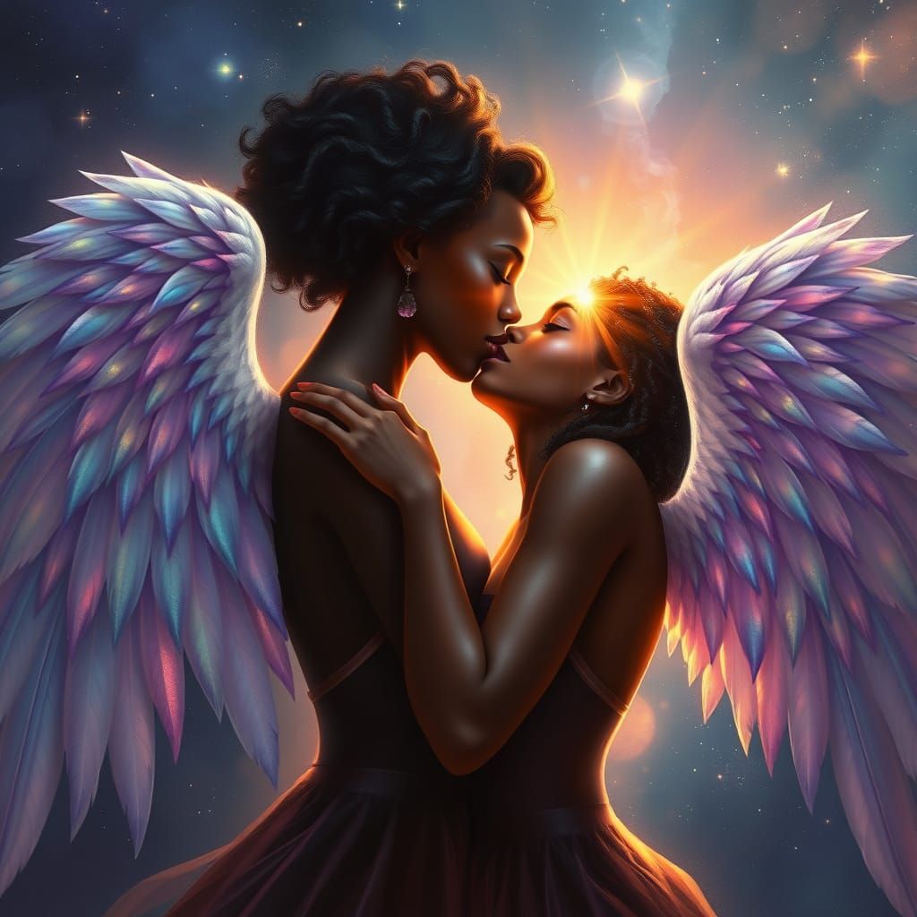 Two Black Angels Share a Tender Kiss in Celestial Light