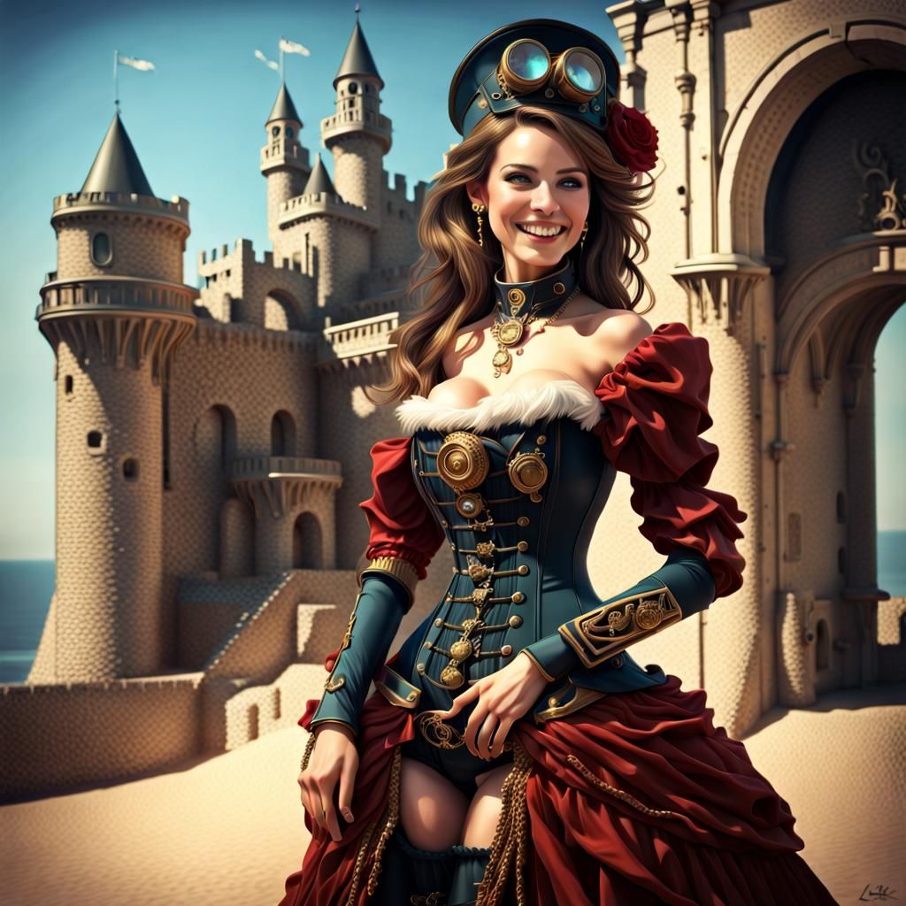 Steampunk Princess with Sandcastle: 3D Render