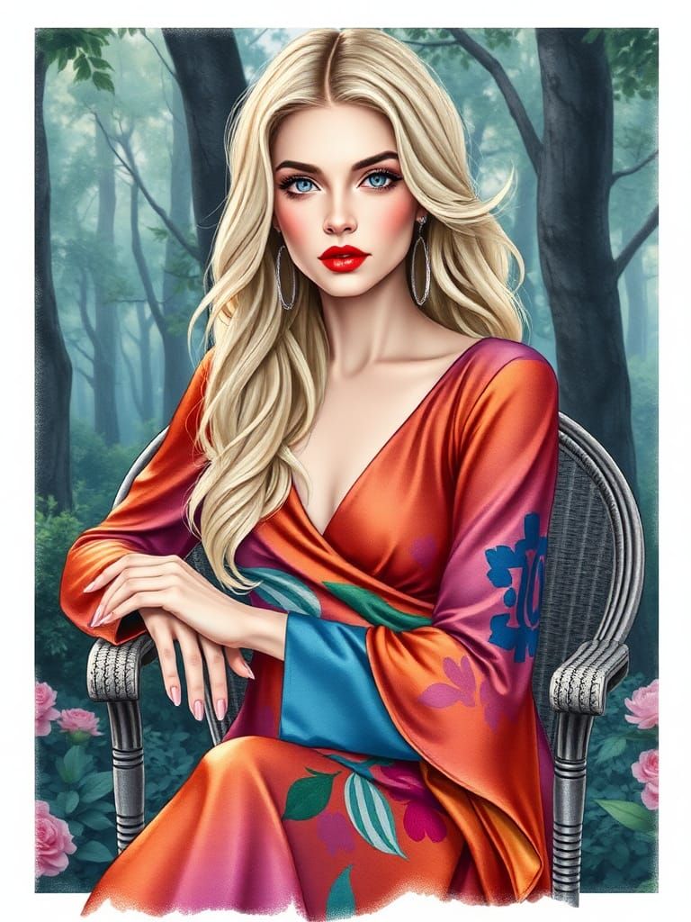 Ukrainian Woman in Enchanted Forest, Watercolor Vector Art