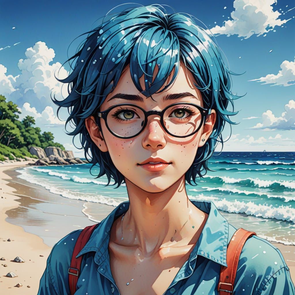 Vibrant Manga Anime Beach Portrait of a Nerdy Woman