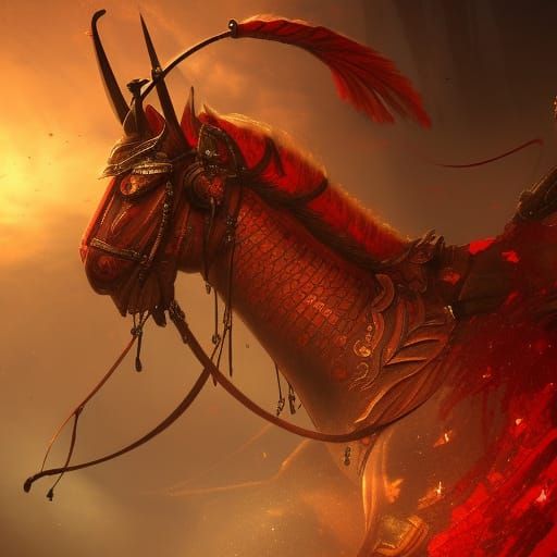 Samurai on Red Horse with Sword in Matte Painting Style