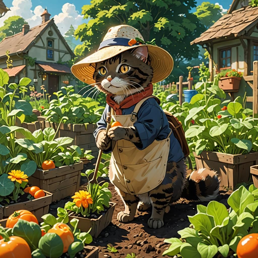 Cat Gardener in Sunlit Ghibli Garden