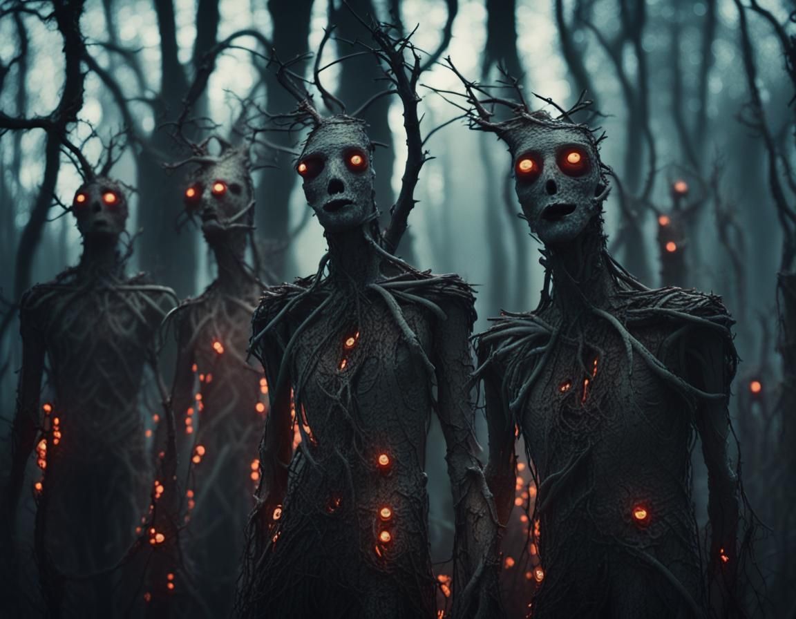 Eerie Glowing Birchmen in Mystical Forest