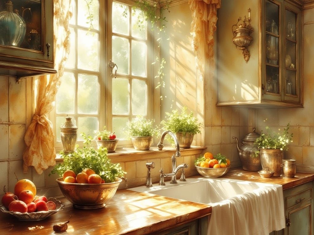 Sun-Drenched Rustic Italian Kitchen in Watercolor Style