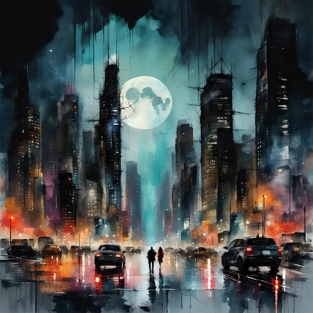 Night Metropolis Thunderstorm in Watercolor Painting Style
