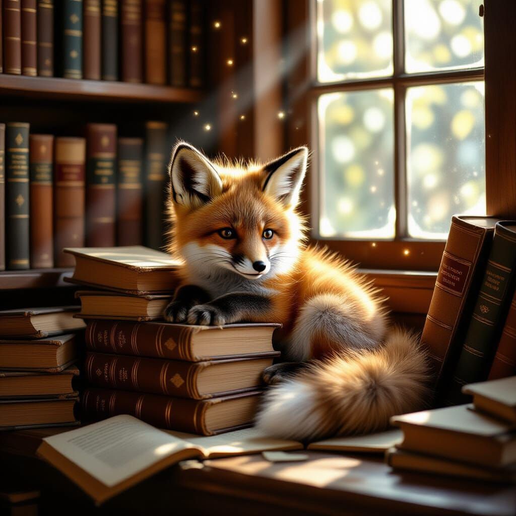 Cozy Fox Cub Reading Amidst Vintage Books