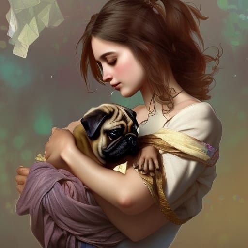 French Girl with Pug in Art Nouveau Style